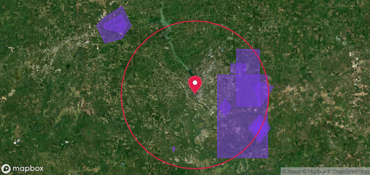 Satellite view centred on Phenix City, Alabama. Shaded hail areas sit to the east and north-east, several of them crossing the edge of the fifteen mile search ring drawn around the property.