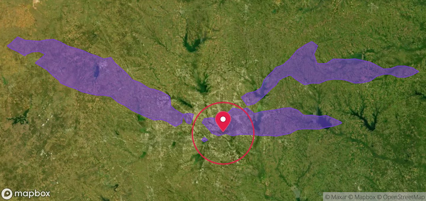 Satellite view of the Dallas area with NOAA hail swaths shaded over the map, a pin on the queried property, and a fifteen mile radius ring around it.